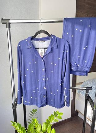 Синяя в звездочки натуральная хлопковая пижама/домашняя костюм рубашка и брюки m-l