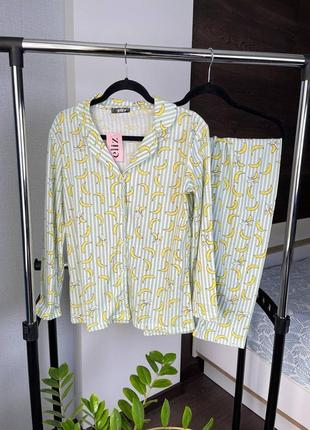 Полоска натуральная хлопковая пижама в бананы рубашка и штаны s-l