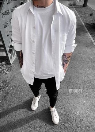 Летняя белая мужская рубашка с длинным рукавом лен жатка / модные легкие мужские рубашки из льна турция r1101 фото