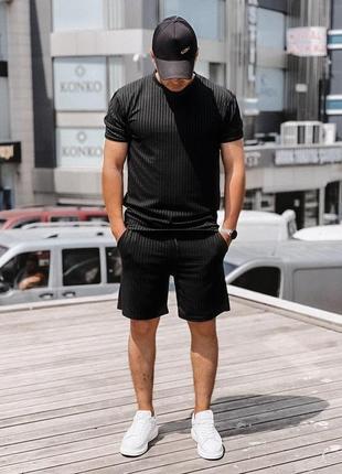 Летний спортивный костюм мужской шорты и футболка трикотажный черный к567 фото