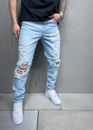 Рваные джинсы мужские молодежные полу-мом свободные светло голубые турция 82141 фото
