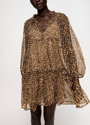 Шикарное шифоновое шелковое платье zara с бантом леопардовый принт