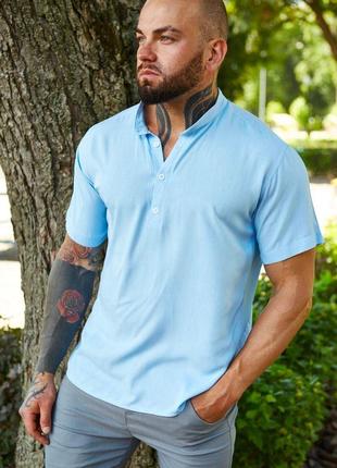 Летняя синяя мужская рубашка с коротким рукавом льон, бавовна / модные легкие мужские рубашки турция