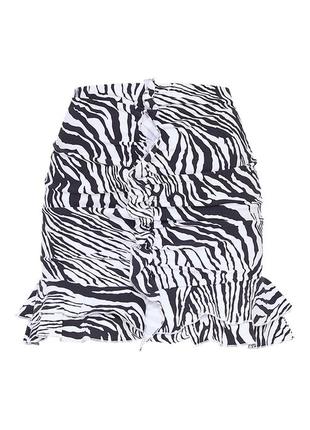 Трендовая мини-юбка из эластичной ткани с принтом зебры и оборками спереди

посадка высокая7 фото