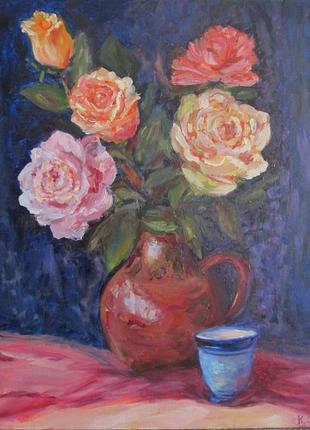 Картина розы на синем бархате, холст, масло, 40 на 50 см