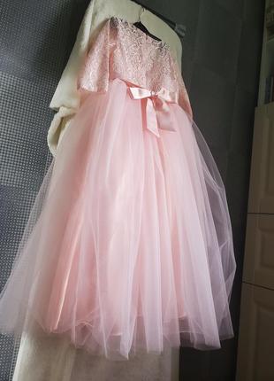 Красивое пышное длинное розовое праздничное детское платье на праздник выпускной для девочки на 5 6 лет 1164 фото