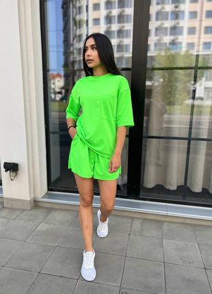 Женские шорты и футболка ярко зеленый цвет двухнить мод 1432 фото