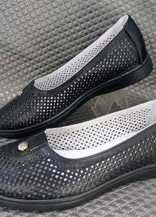 Кожаные черные женские балетки летние перфорация 36р