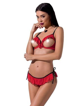 Комплект белья cherry set openbra red xxl/xxxl - passion exclusive: открытый лиф, трусики-юбочка2 фото