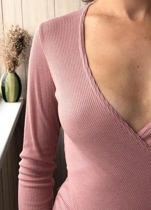 Розовый джемпер в рубчик  блуза на запах с рукавами9 фото