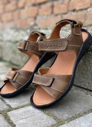 Стильные мужские сандалии коричневые на липучках кожаные/кожа - мужская обувь на лето5 фото