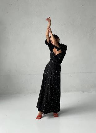 Платье длинное макси в пол черная с разрезом принт горох горошек на завязках3 фото