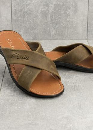 Стильные мужские шлепанцы, шлепки, капцы оливковые кожаные/кожа - мужская обувь на лето