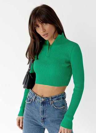 Яркий трендовый зеленый топ водолазка с замочком в рубчик туречка