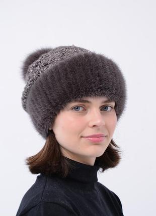 Женская зимняя вязаная норковая шапка ажур2 фото