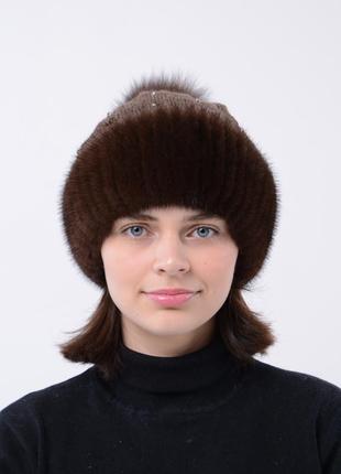 Жіноча зимова в'язана норкова шапка ажур