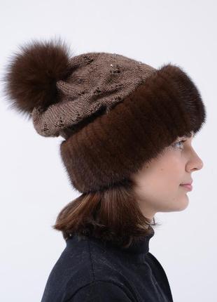 Женская зимняя вязаная норковая шапка ажур3 фото