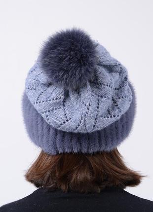 Женская зимняя вязаная норковая шапка ажур4 фото