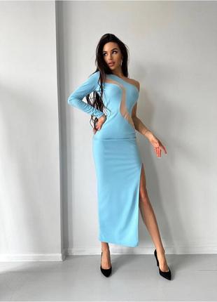 Сукня довга вечірня облягаюча жіноча блакитна зі вставкою з сітки2 фото