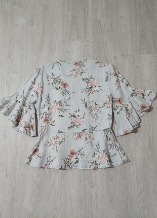 Льняная блузка 100% лен zara в цветы на запах3 фото