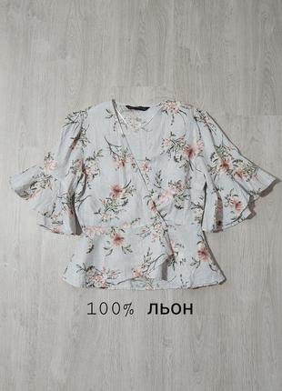 Льняная блузка 100% лен zara в цветы на запах