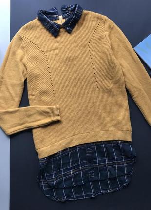 Стильный горчичный свитер с воротником / горчичный свитер рубашка