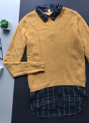 Стильный горчичный свитер с воротником / горчичный свитер рубашка2 фото