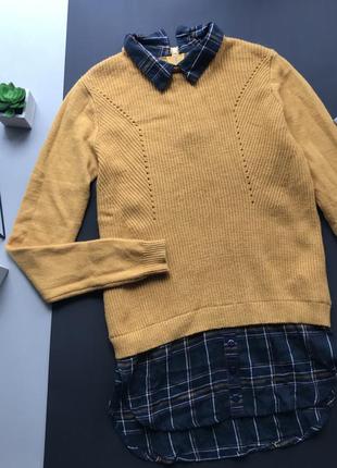 Стильный горчичный свитер с воротником / горчичный свитер рубашка7 фото