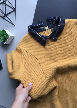 Стильный горчичный свитер с воротником / горчичный свитер рубашка9 фото