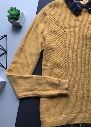 Стильный горчичный свитер с воротником / горчичный свитер рубашка8 фото