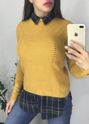 Стильный горчичный свитер с воротником / горчичный свитер рубашка2 фото