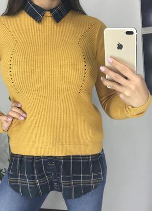 Стильный горчичный свитер с воротником / горчичный свитер рубашка3 фото