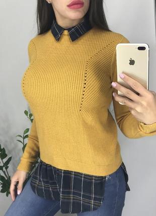 Стильный горчичный свитер с воротником / горчичный свитер рубашка5 фото