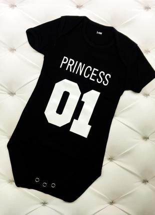 Стильный черно-белый боди бодик для девочки младенца 01 надпись принцесса 3-6, 6-12,12-181 фото