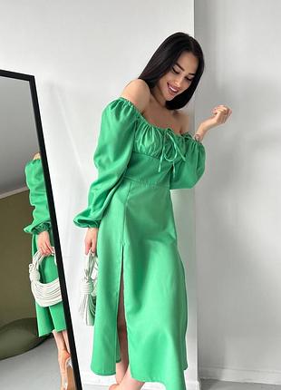 Платье миди с разрезами с пышной юбкой расклешенное с корсетным лифом на затяжках с открытыми плечами малиновое зеленое песочное бежевое вечернее