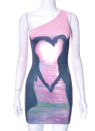 Сукня облягаюча міні коротка на одне плече рожеве серце захід сонця море