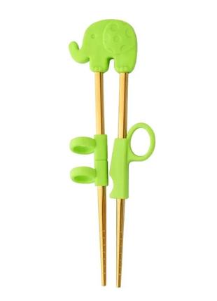 Детские многоразовые учебные палочки для еды зелёный слонёнок, нержавейка "gold"