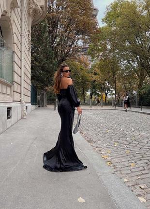 Роскошное черное элегантное платье со шлейфом и разрезом от бедра5 фото