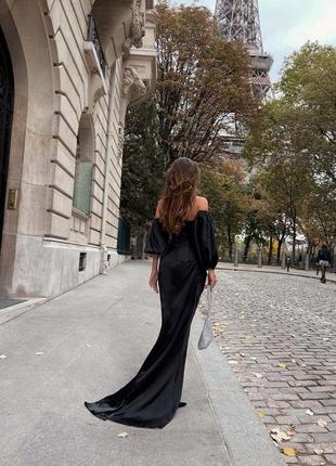 Роскошное черное элегантное платье со шлейфом и разрезом от бедра9 фото