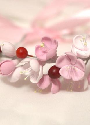 "веточка вишни" авторский браслет с цветами ручной работы из полимерной глины4 фото