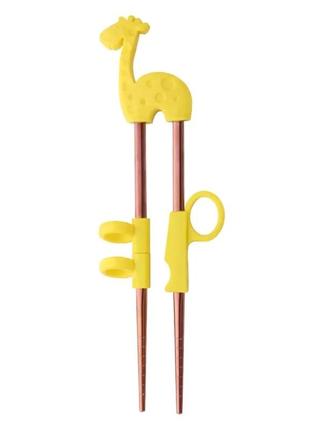 Дитячі багаторазові навчальні палички для їжі жовтий жираф, нержавіюча сталь "rosegold"