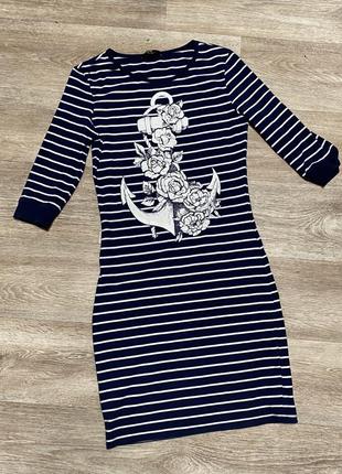 Платье oodji в полоску, трикотажная туника, платье морячка, платье.