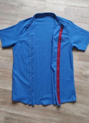 Чоловіча блакитна сорочка на кнопках з коротким рукавом, дрібна клітинка3 фото
