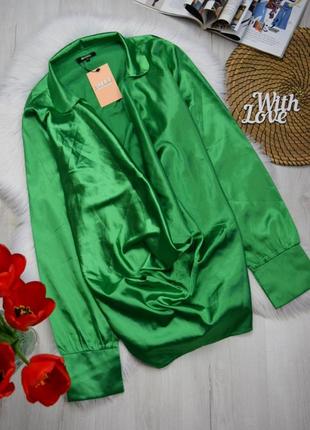 Рубашка блуза зеленая атласная яркая сатиновая2 фото