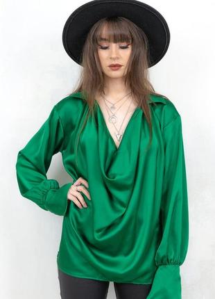 Рубашка блуза зеленая атласная яркая сатиновая6 фото