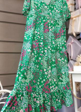 Пышное платье-сарафан миди платье зеленый цветочный принт короткий рукав3 фото