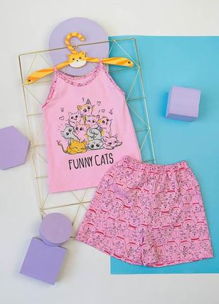 Легкая летняя пижама для девочки с котиками розовая, ментоловая5 фото