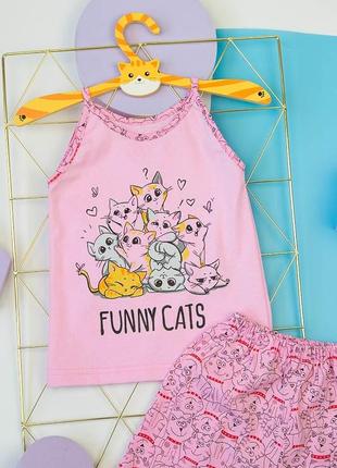 Легкая летняя пижама для девочки с котиками розовая, ментоловая6 фото