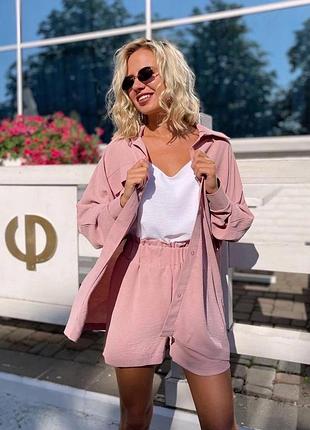 Летний костюм тройка (шорты + топ + кофта) пудра цвет