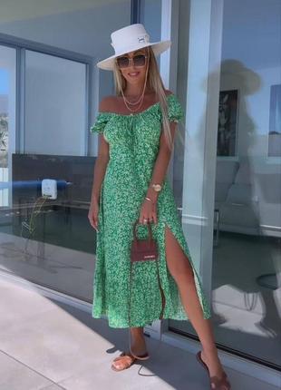 Сукня зелена з квітковим принтом міді з розрізом по нозі якісна стильна трендова